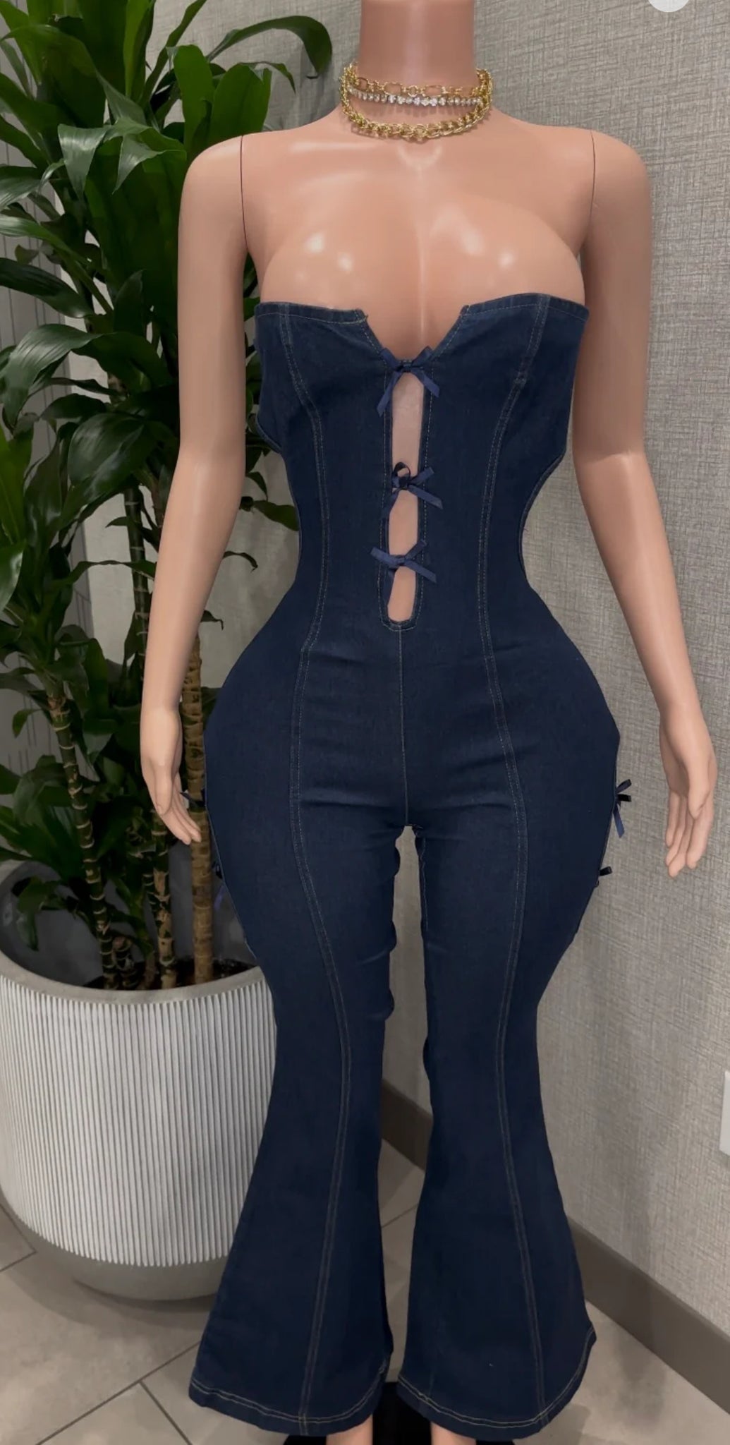 Ribbon Denim Jumpsuit